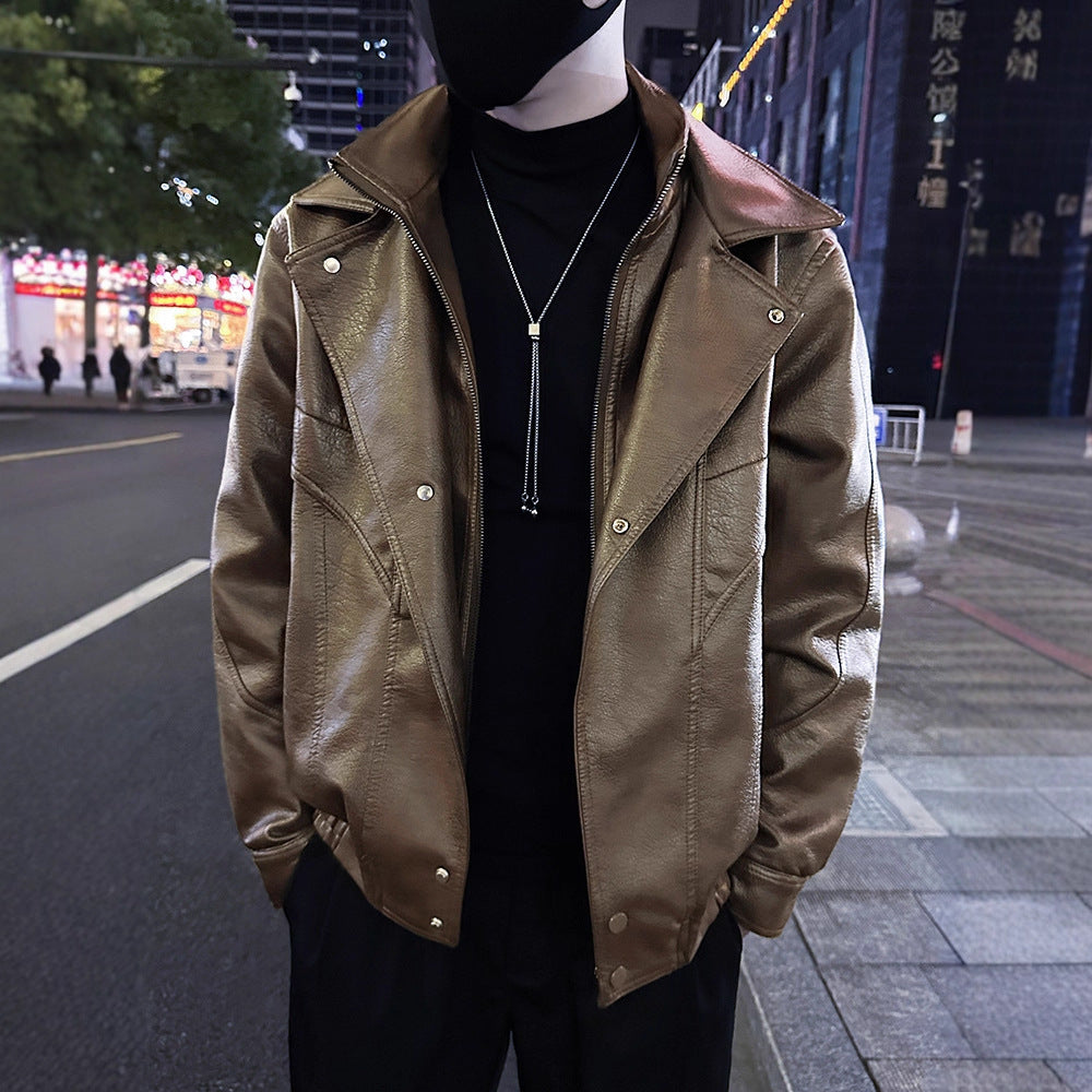 Faux Two-Piece Men's Leather Jacket Autumn/Winter Fashion Style Trendy Brand Premium Feel Cool Leather Coat
