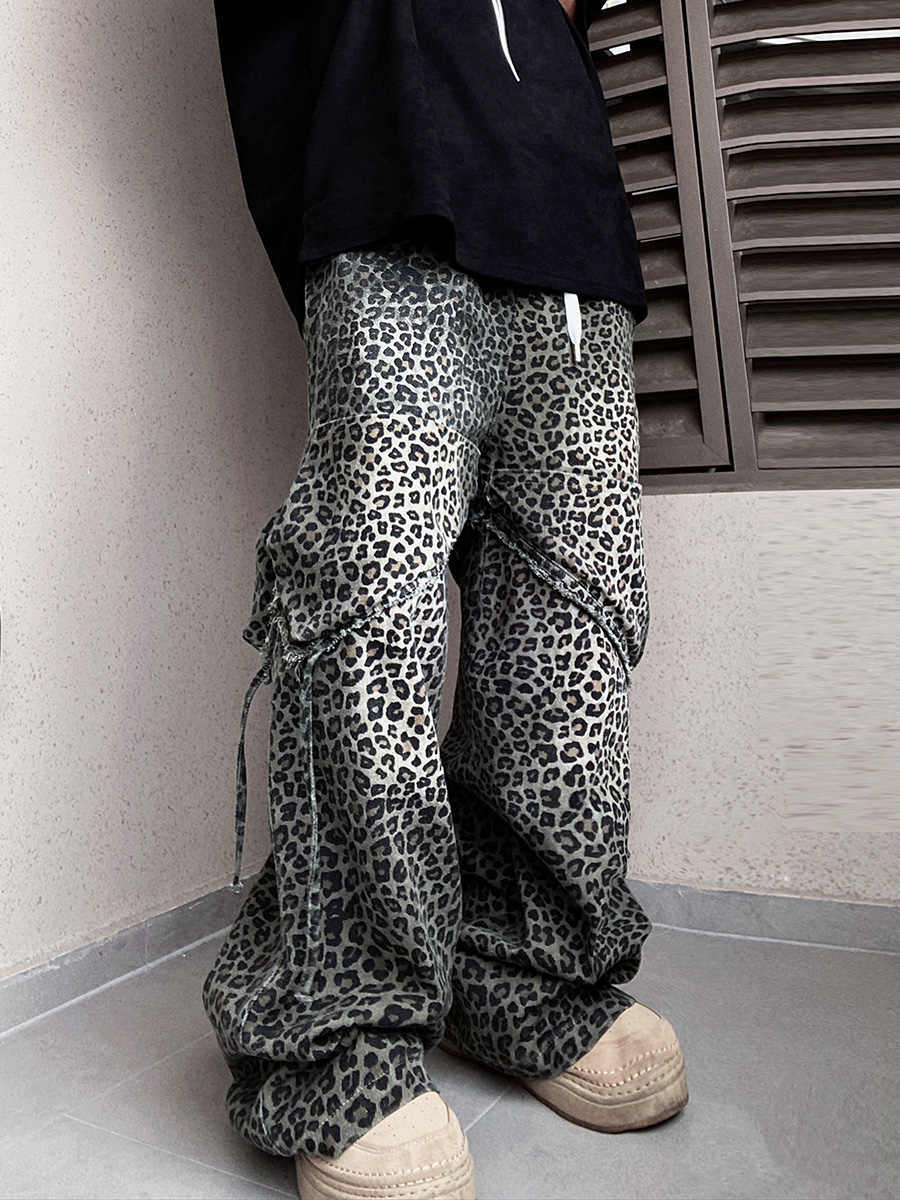 Loose Straight Slightly Flared Workwear Casual Wide-leg Mopping Leopard Jeans