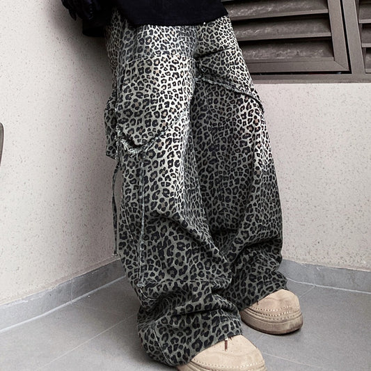 Loose Straight Slightly Flared Workwear Casual Wide-leg Mopping Leopard Jeans