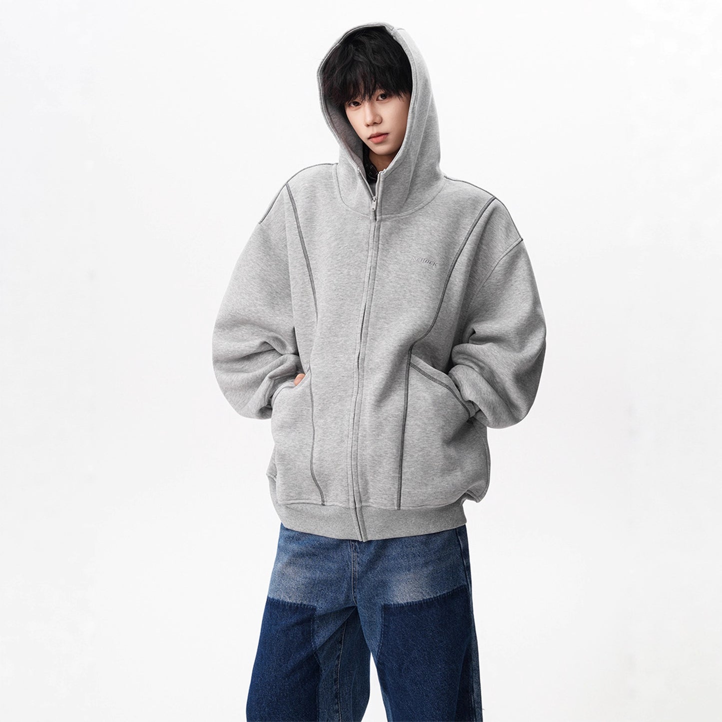 Style Solid Color Long Sleeve Zippered Hooded Oversized Sweatshirt Jacket for Men