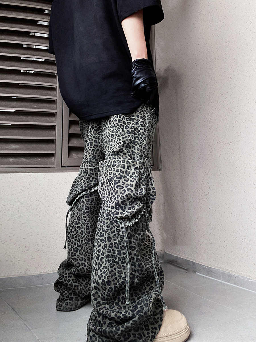 Loose Straight Slightly Flared Workwear Casual Wide-leg Mopping Leopard Jeans