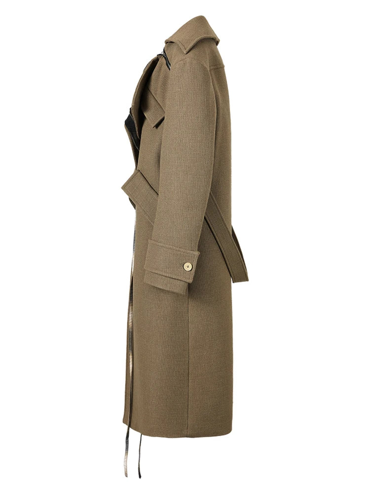 Color-block Irregular Plaid Big Size Woolen Coat Parkas New Lapel Long Sleeve Women Fashion Autumn Winter