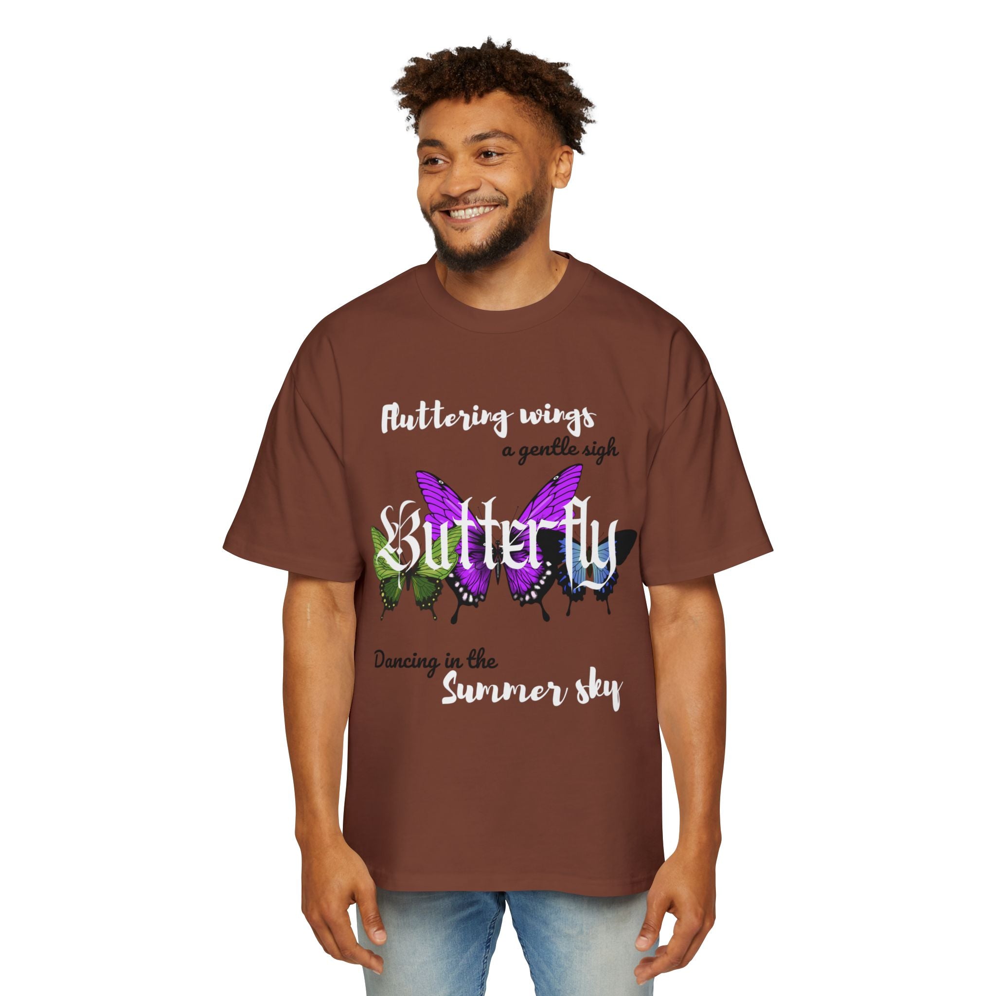 Butterfly Print Men's Heavy Oversized Tee, Relaxed Summer Shirt, Gift for Butterfly Lovers, Casual Wear, Nature-Inspired Fashion
