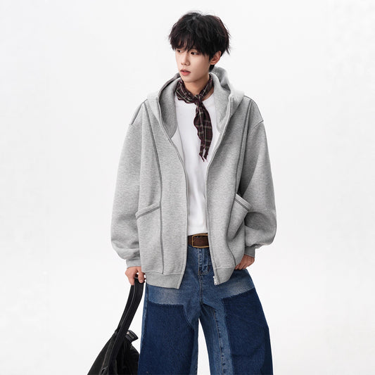 Style Solid Color Long Sleeve Zippered Hooded Oversized Sweatshirt Jacket for Men